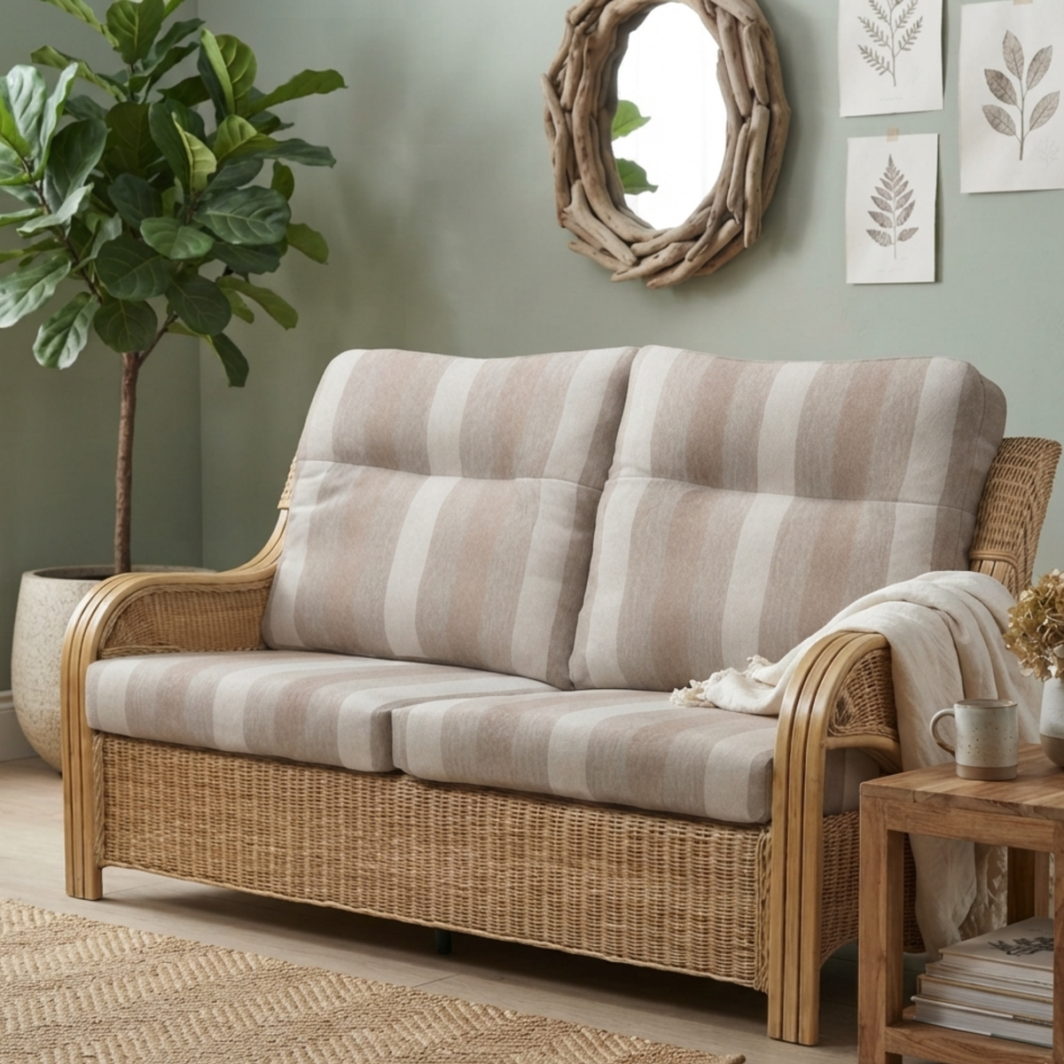 Opera Light Oak Cane 3 Seater Sofa in Duke Beige Stripe