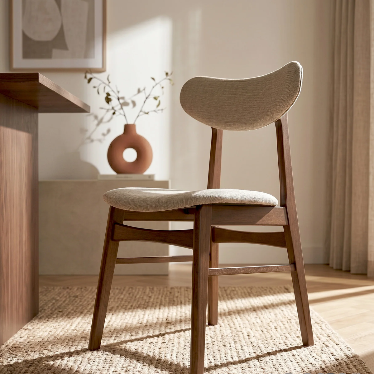 Orlando Walnut Upholstered Back Set of 2 Dining Chairs in Oatmeal Boucle