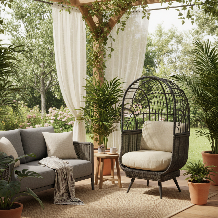 Outdoor Egg Chair with Marine Beige Cushions