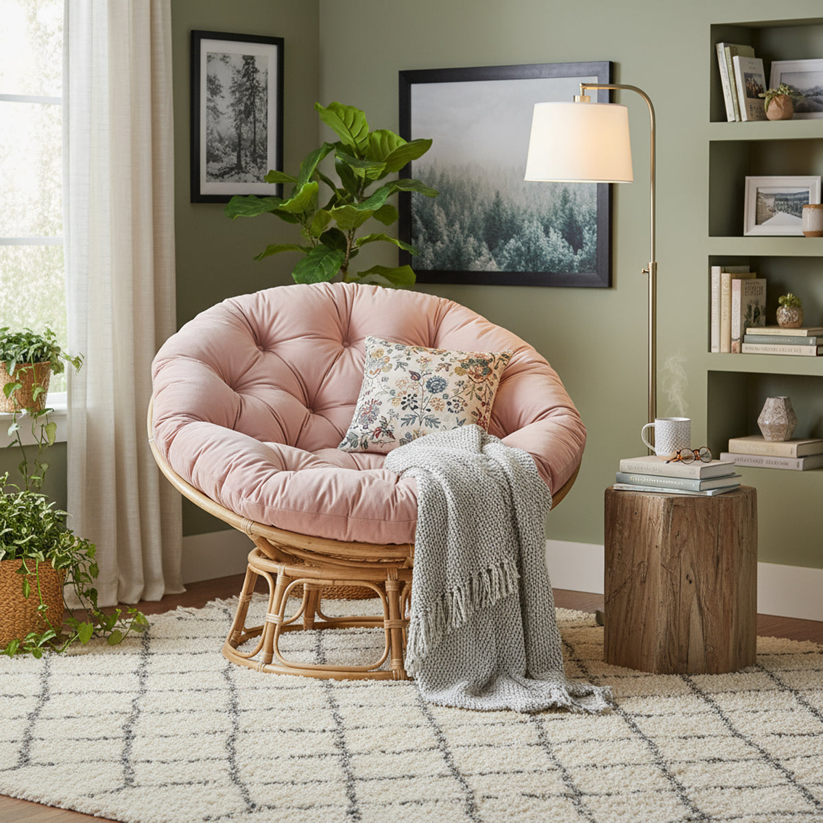 Natural Rattan Papasan Chair with Handmade Cushion