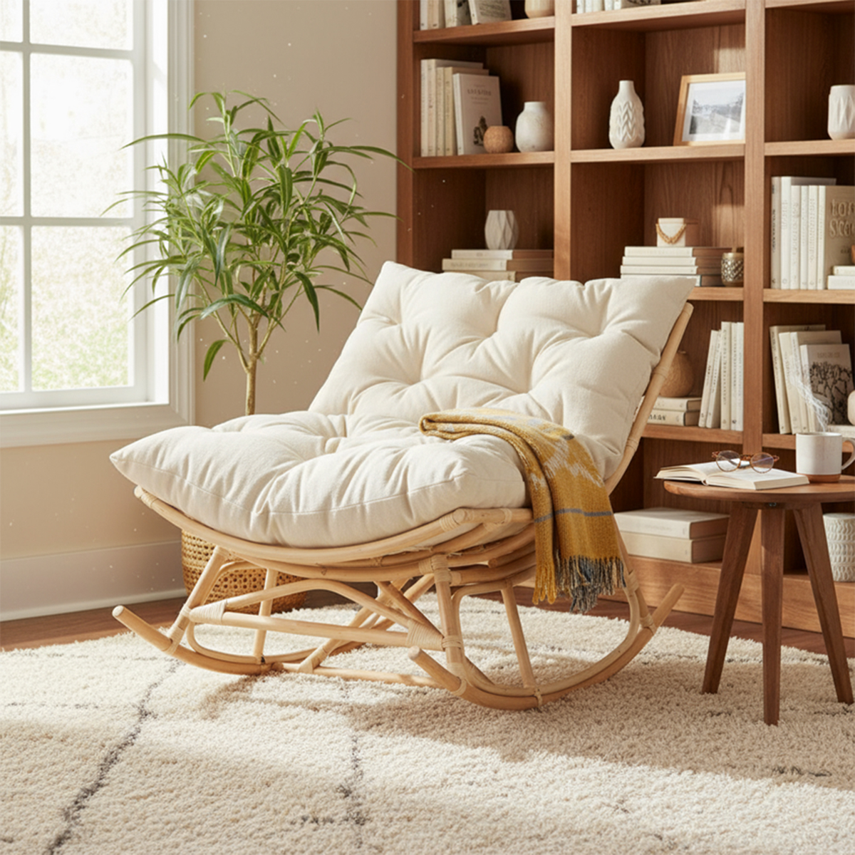 Natural Rattan Papasan Rocking Chair - Square Shape Country Beige Cushion