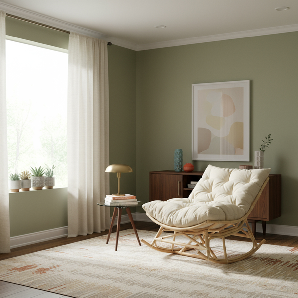 Natural Rattan Papasan Rocking Chair - Square Shape Country Beige Cushion