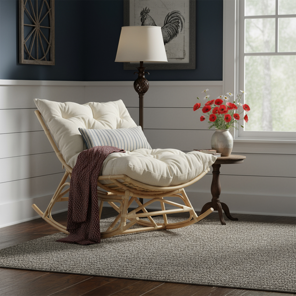 Natural Rattan Papasan Rocking Chair with Square Shape Cushion Country ...