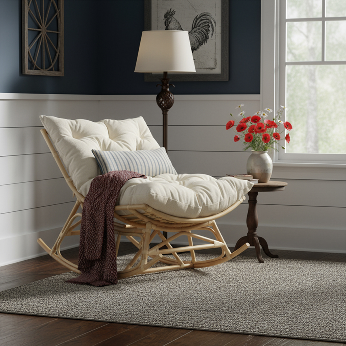 Natural Rattan Papasan Rocking Chair - Square Shape Country Beige Cushion