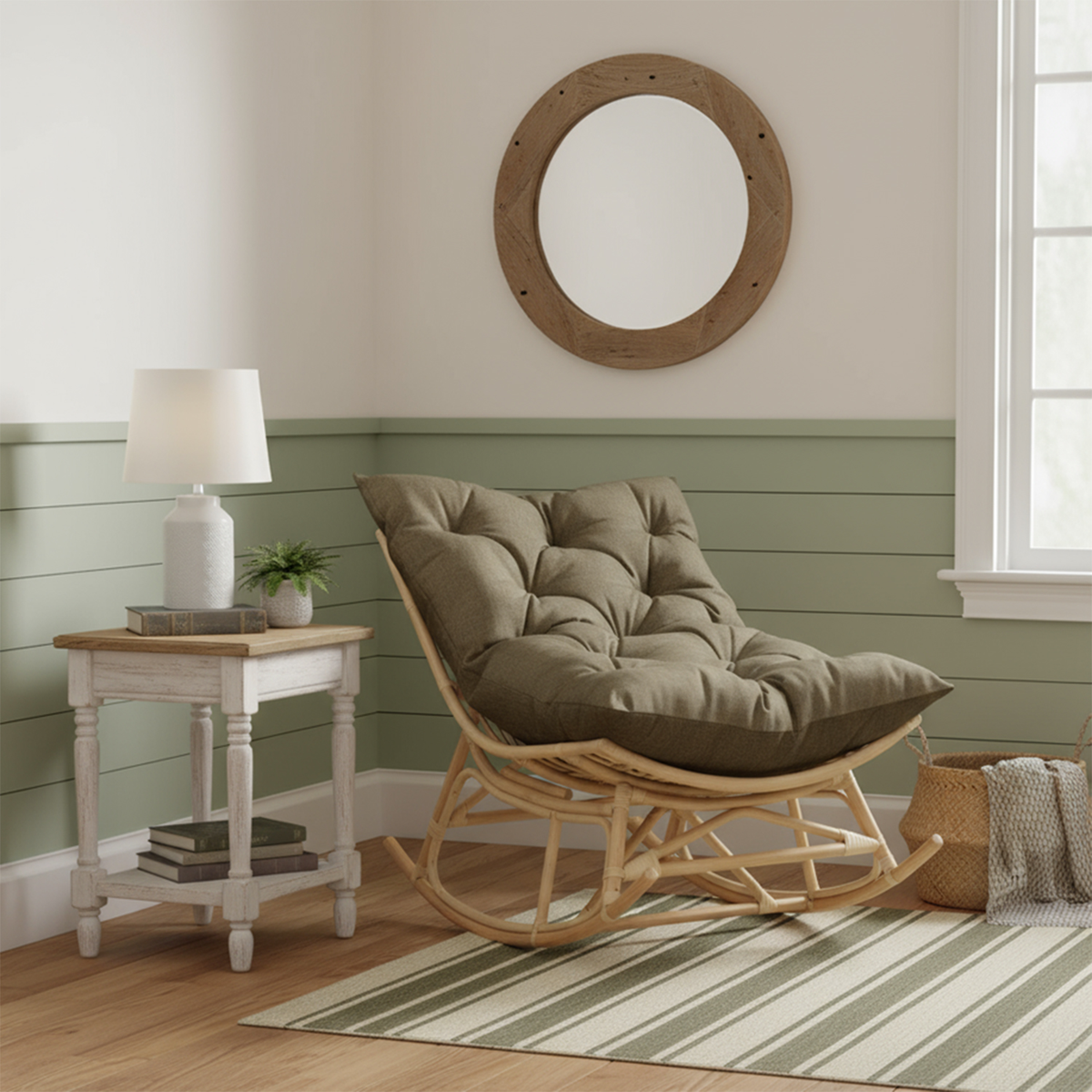 Natural Rattan Papasan Rocking Chair - Square Shape Cushion Olive