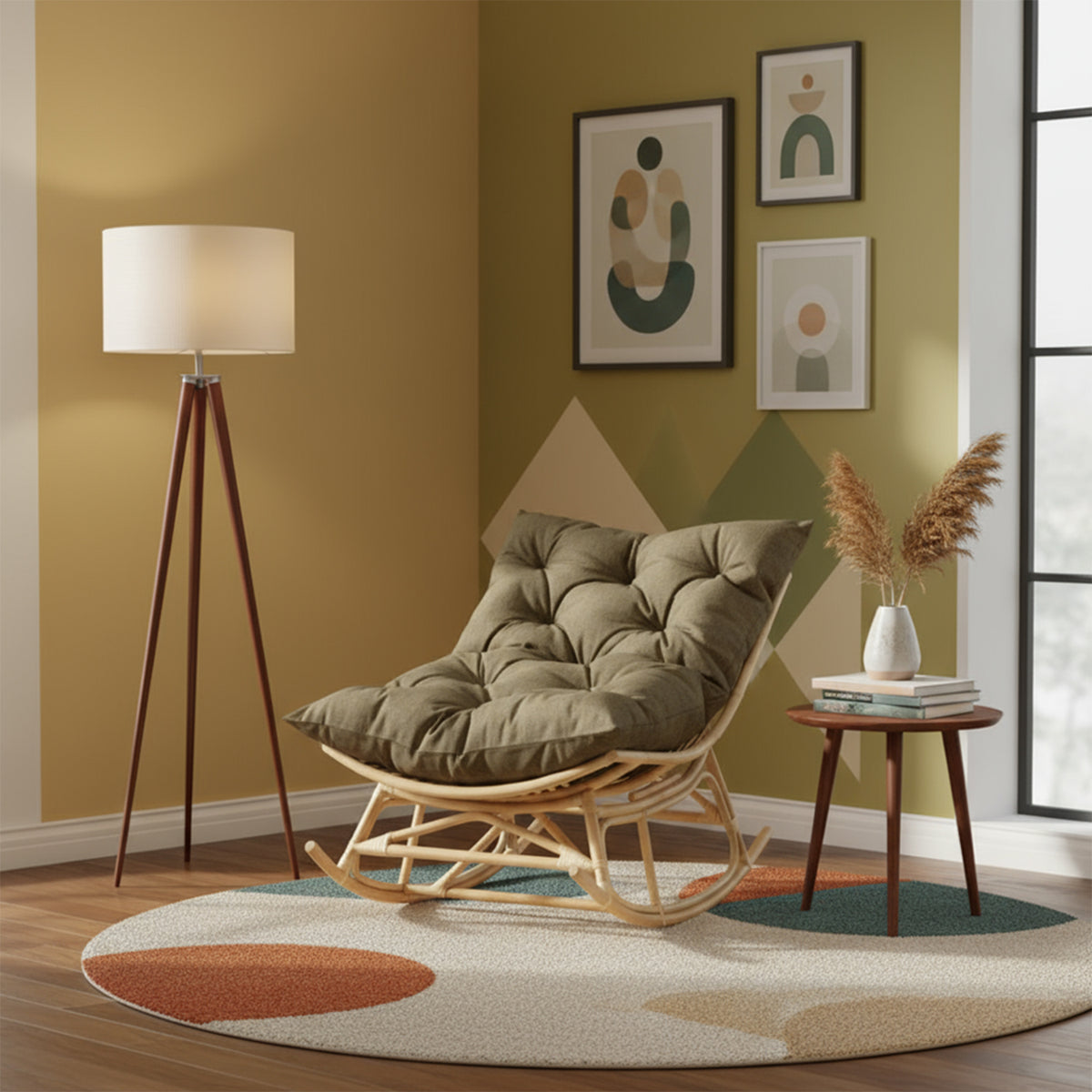 Natural Rattan Papasan Rocking Chair - Square Shape Cushion Olive