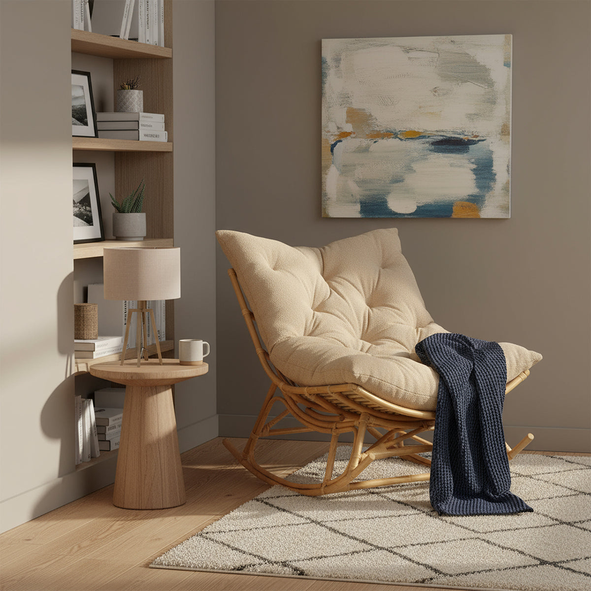 Natural Rattan Papasan Rocking Chair - Square Shape Latte Cushion