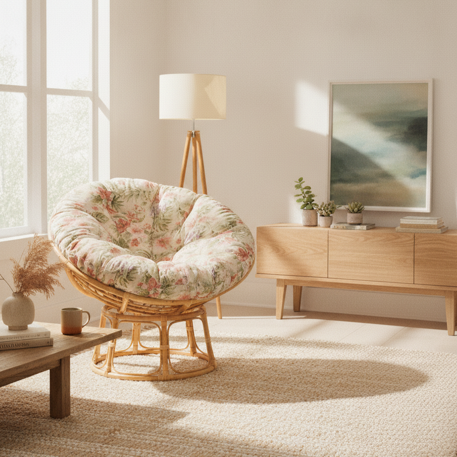 Natural Rattan Papasan Chair with Handmade Blossom Cushion