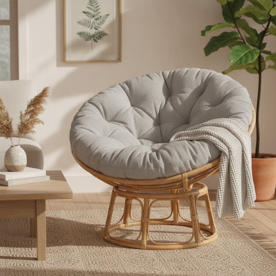 Natural Rattan Papasan Chair with Handmade Duke Grey Plain Cushion