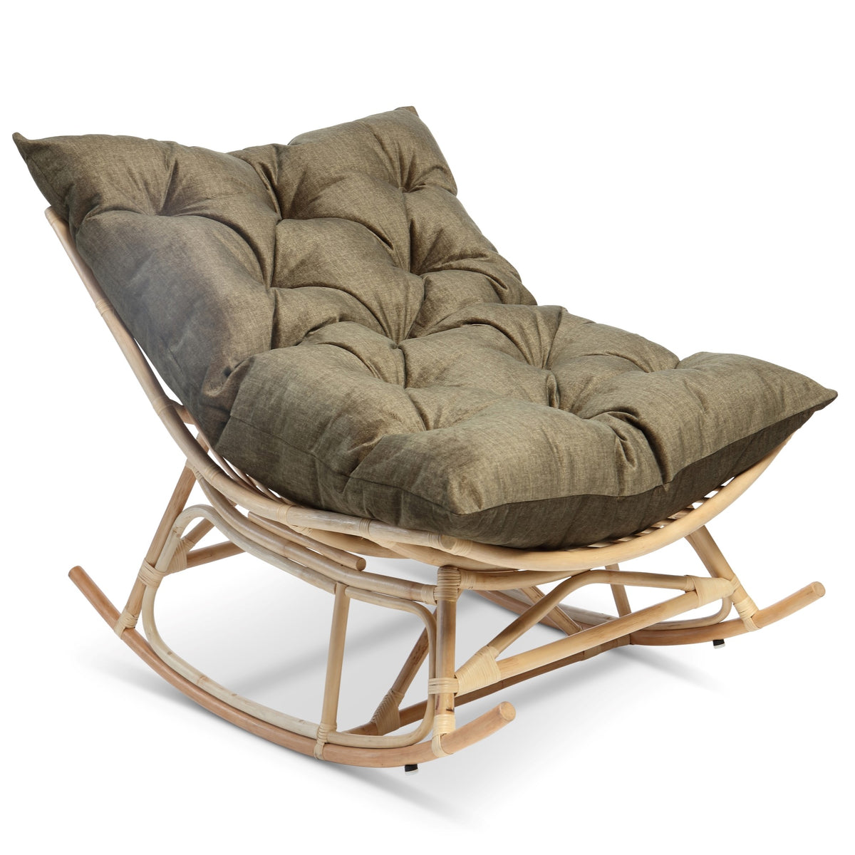 Natural Rattan Papasan Rocking Chair - Square Shape Cushion Olive