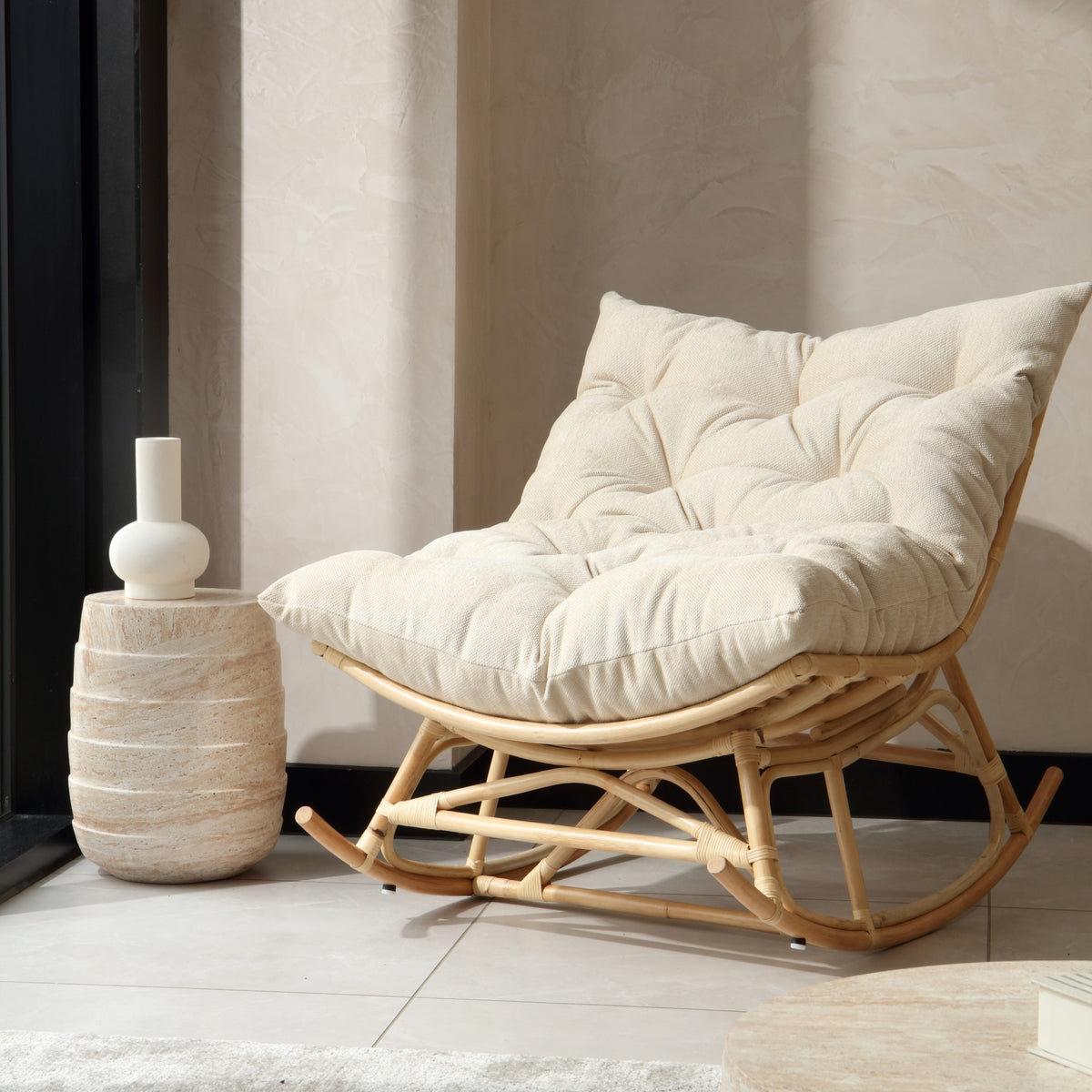 Natural Rattan Papasan Rocking Chair - Square Shape Country Beige Cushion