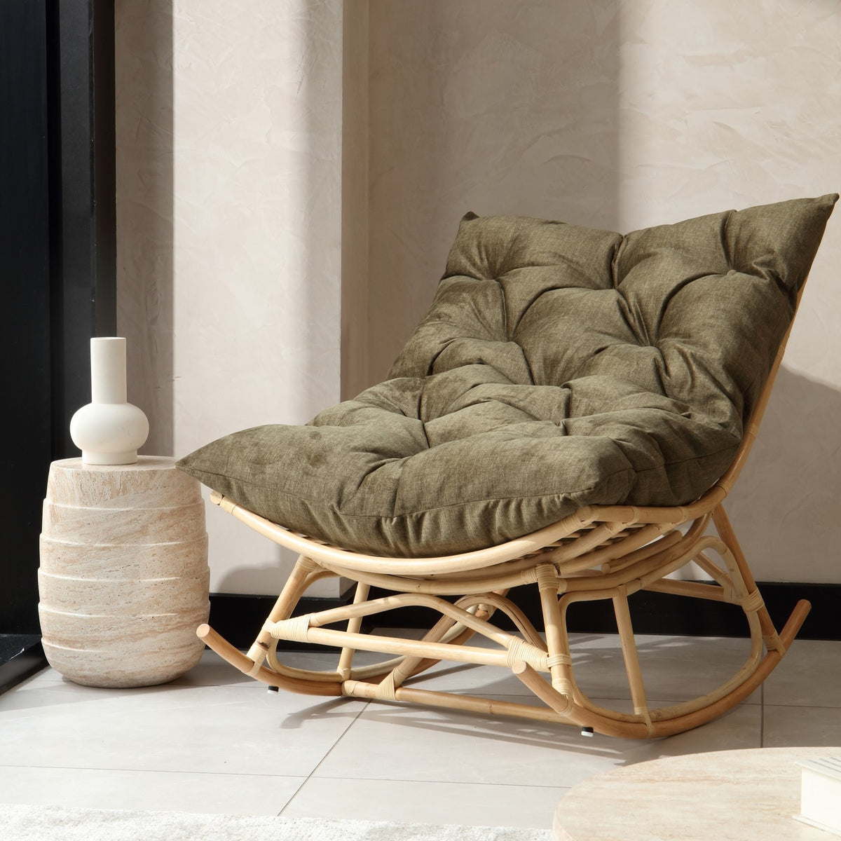 Natural Rattan Papasan Rocking Chair - Square Shape Cushion Olive