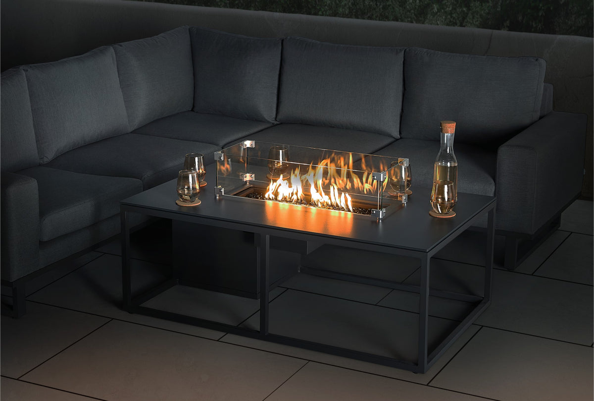 Aruba Outdoor Fabric Patio Corner Sofa Set with Fire Pit Coffee Table - All Weather Sunbrella Fabric