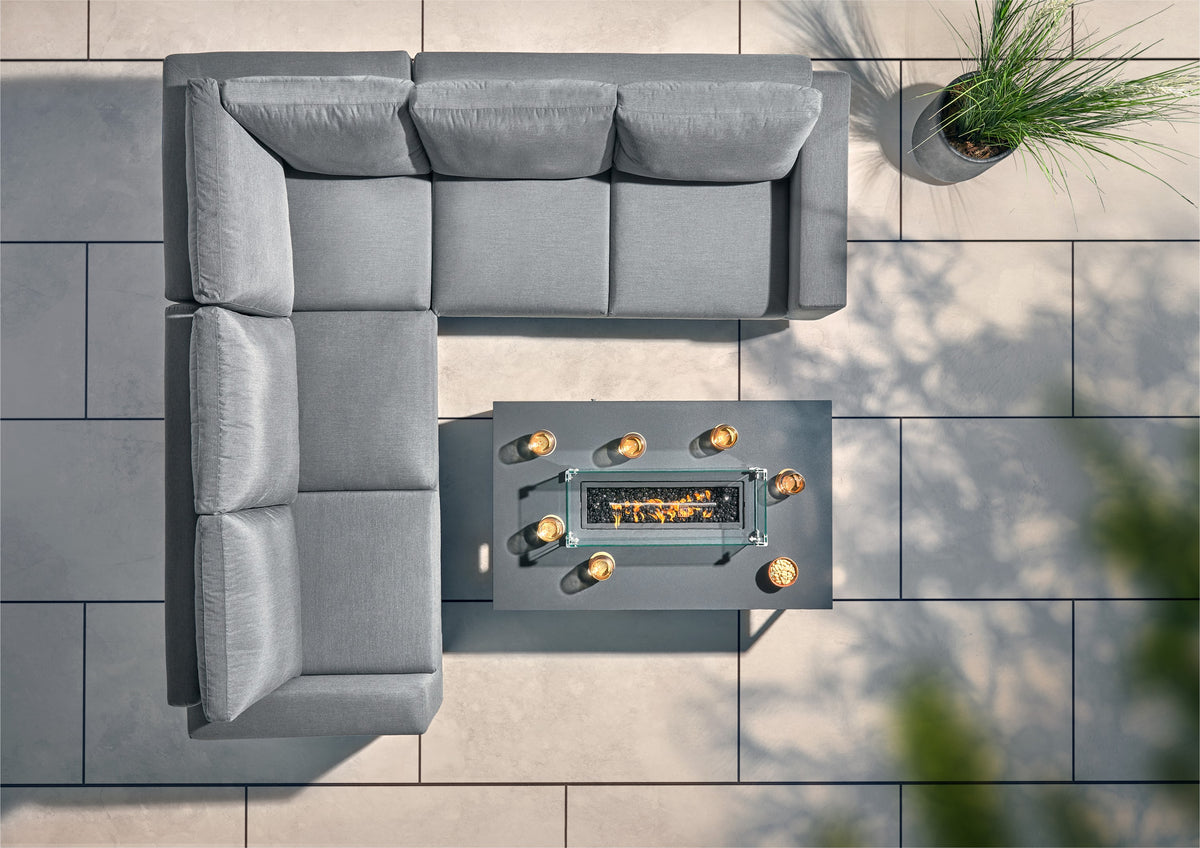Aruba Outdoor Fabric Patio Corner Sofa Set with Fire Pit Coffee Table - All Weather Sunbrella Fabric