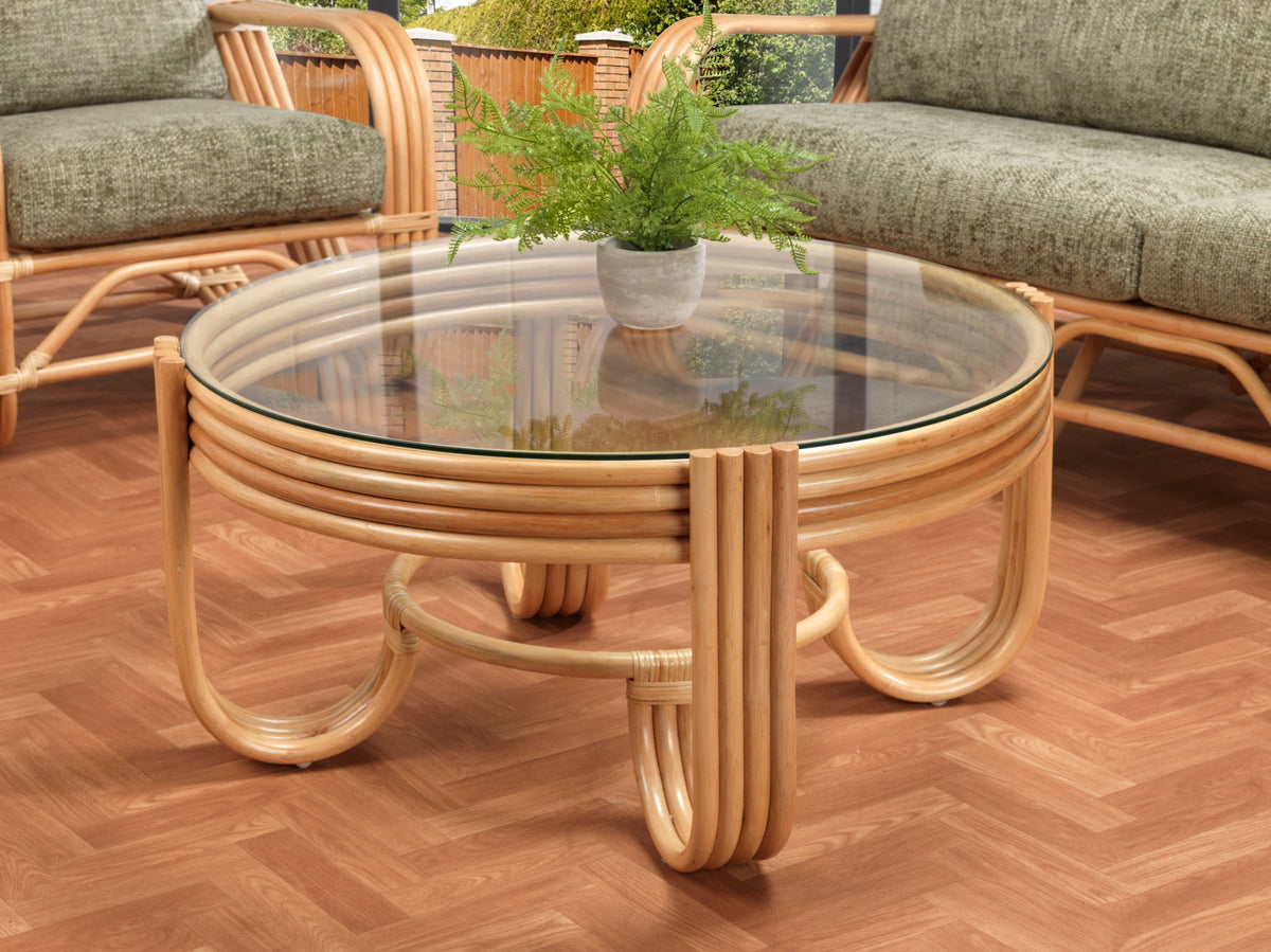 Desser Rattan Pretzel Coffee Table - Natural Glass Top