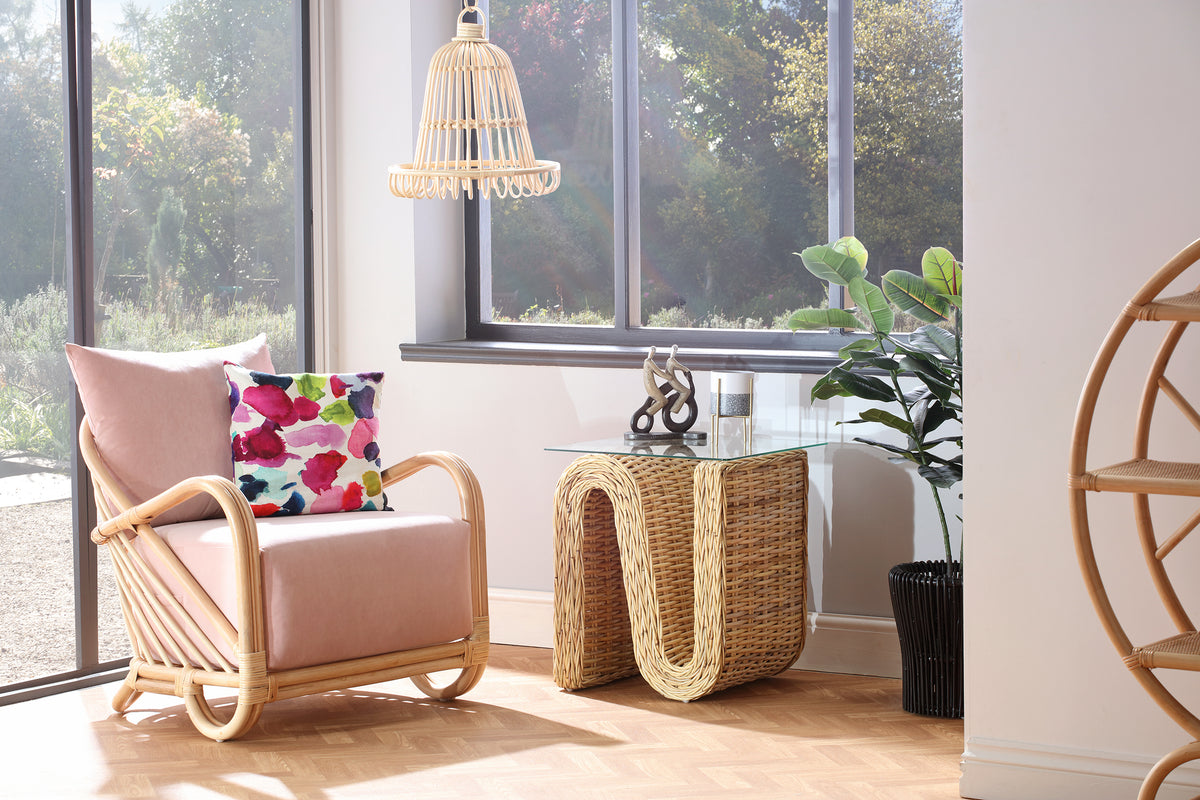 Arch Rattan Armchair in Velvet Blush Pink
