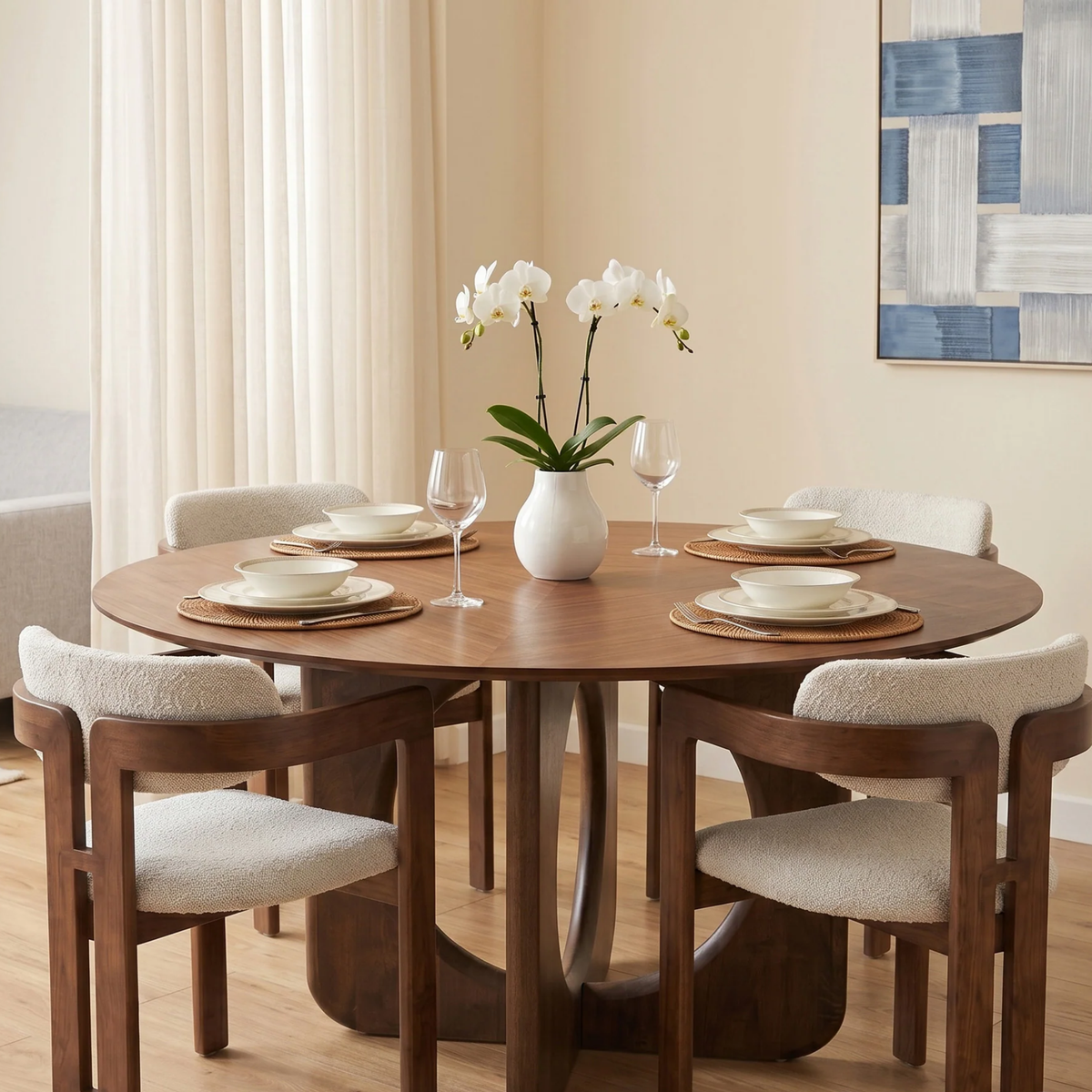 Resola 137cm Round Walnut Dining Table - Ebony Sculptural Base