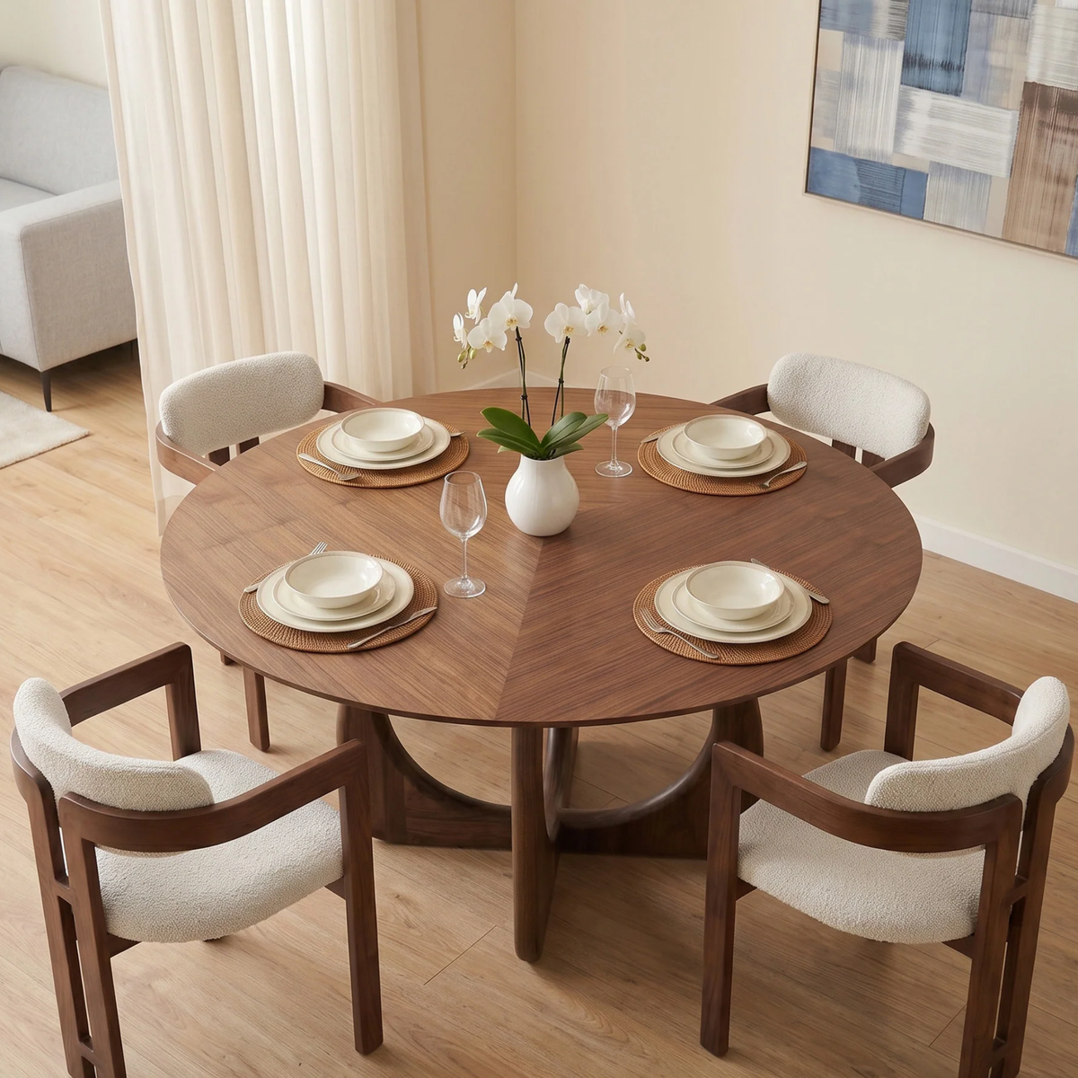Resola 137cm Round Walnut Dining Table - Ebony Sculptural Base