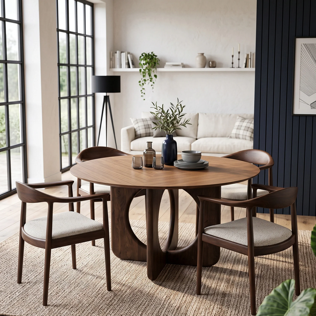 Resola 137cm Round Walnut Dining Set – Ebony Sculptural Base Table with 4 Fiora Oatmeal Boucle Chairs
