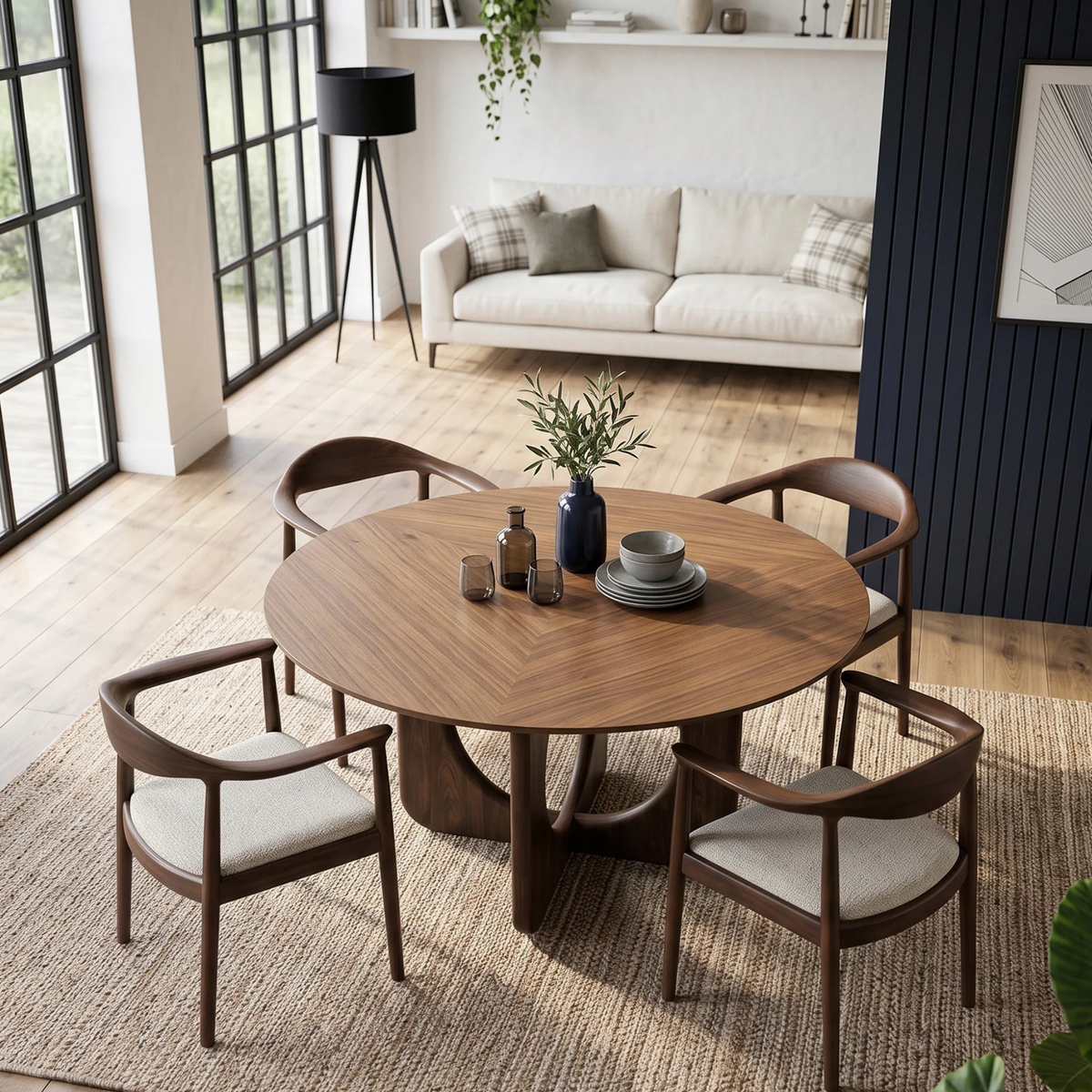 Resola 137cm Round Walnut Dining Set – Ebony Sculptural Base Table with 4 Fiora Oatmeal Boucle Chairs