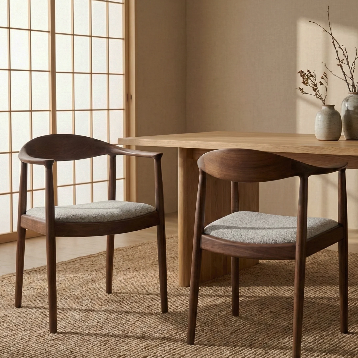 Resola 137cm Round Walnut Dining Set – Ebony Sculptural Base Table with 4 Fiora Oatmeal Boucle Chairs
