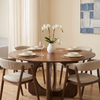 Resola 137cm Round Walnut Dining Set – Ebony Sculptural Base Table with 4 Lionara Oatmeal Boucle Chairs