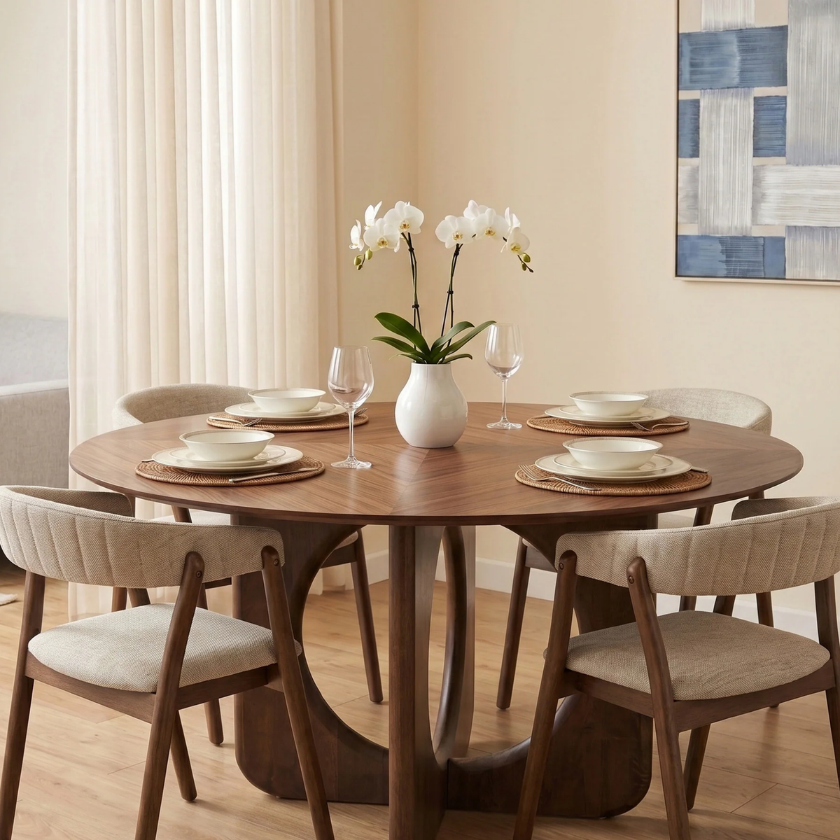 Resola 137cm Round Walnut Dining Set – Ebony Sculptural Base Table with 4 Lionara Oatmeal Boucle Chairs