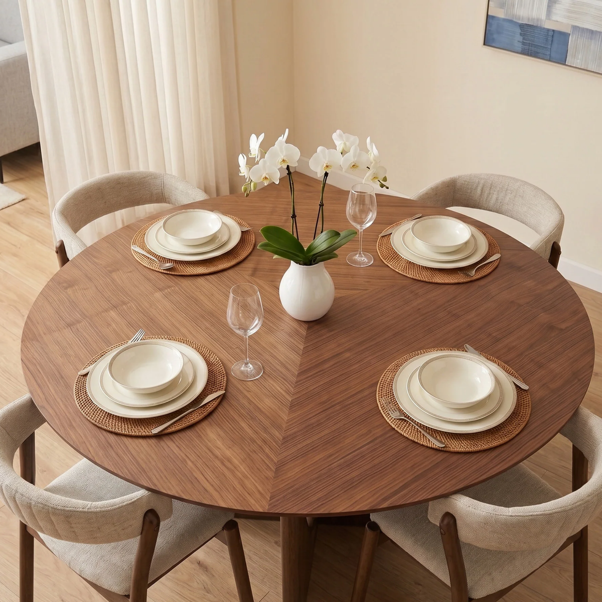 Resola 137cm Round Walnut Dining Set – Ebony Sculptural Base Table with 4 Lionara Oatmeal Boucle Chairs