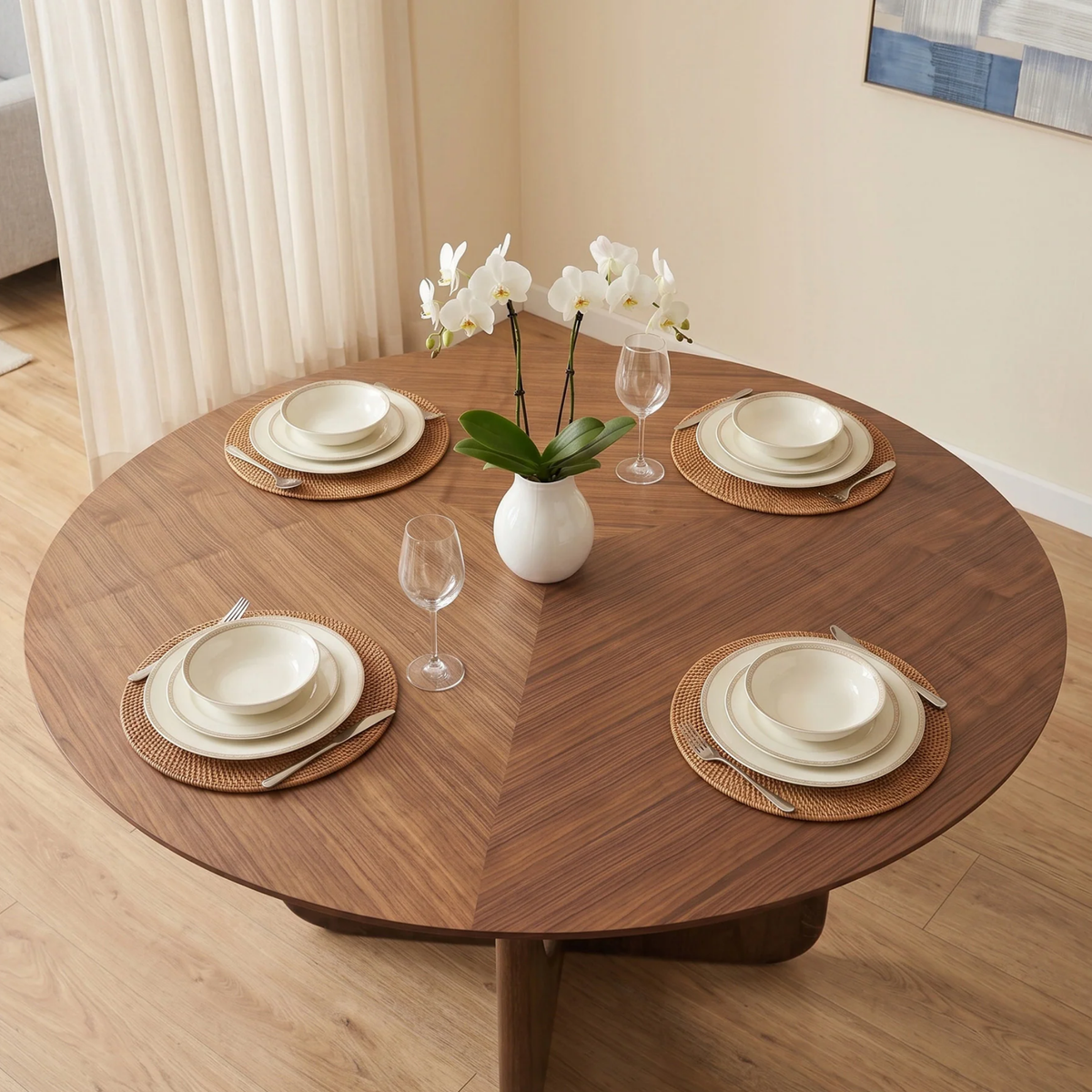 Resola 137cm Round Walnut Dining Set – Ebony Sculptural Base Table with 4 Lionara Oatmeal Boucle Chairs