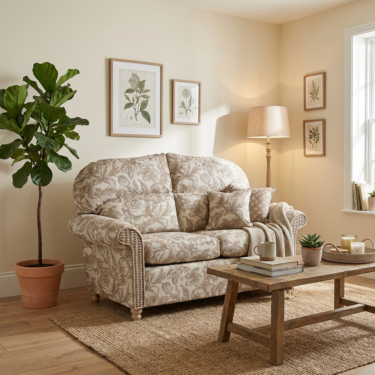 Samford 2-Seater: Handcrafted Cane Sofa in Floral Beige