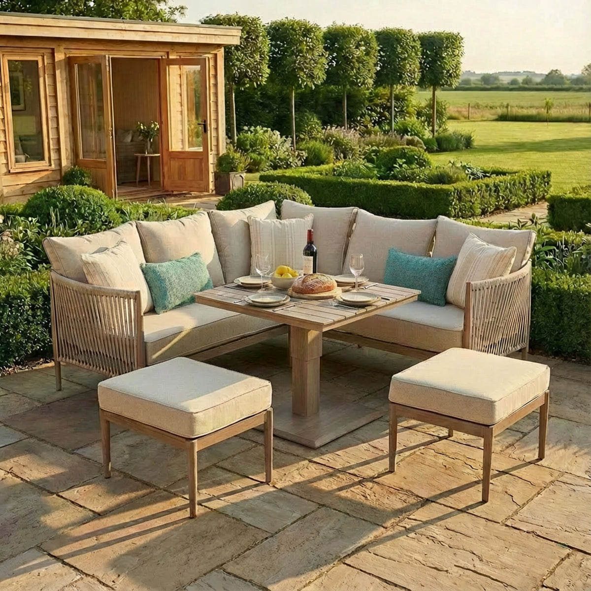 Sardinia Small Corner Dining Set with Square Rising Table - Natural Linen