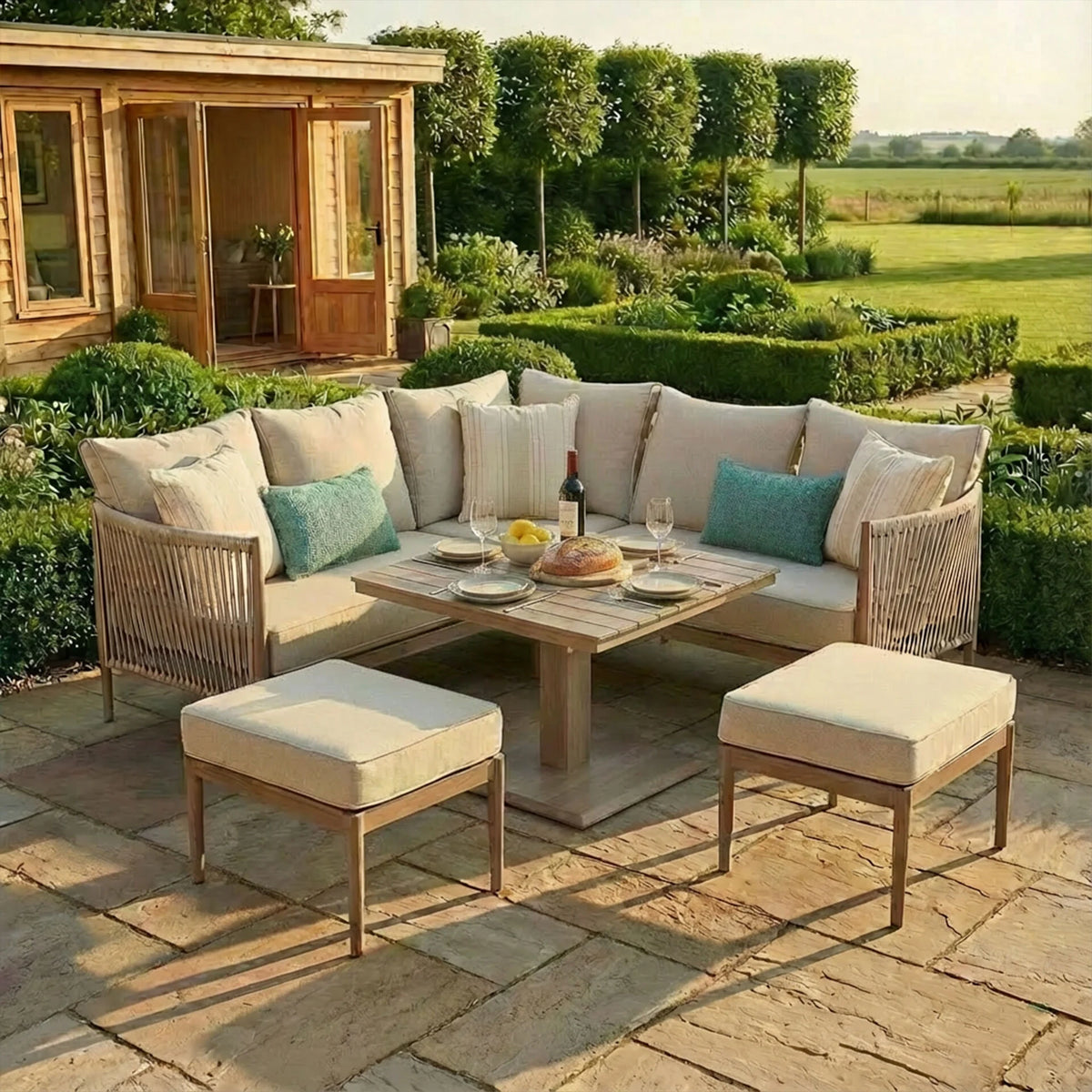 Sardinia Small Corner Dining Set with Square Rising Table - Natural Linen