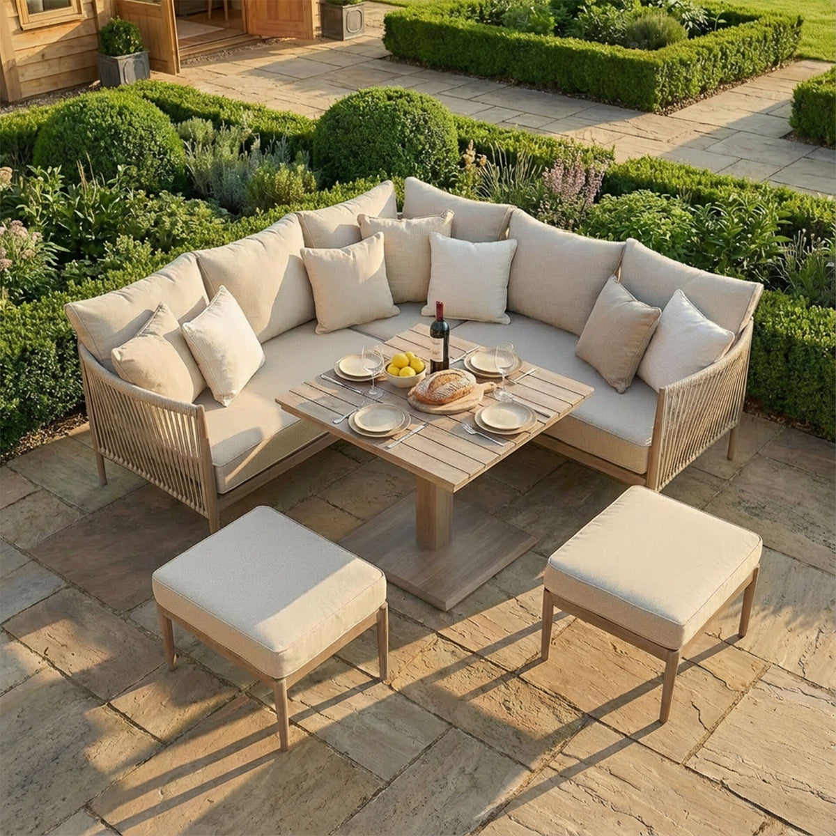 Sardinia Small Corner Dining Set with Square Rising Table - Natural Linen