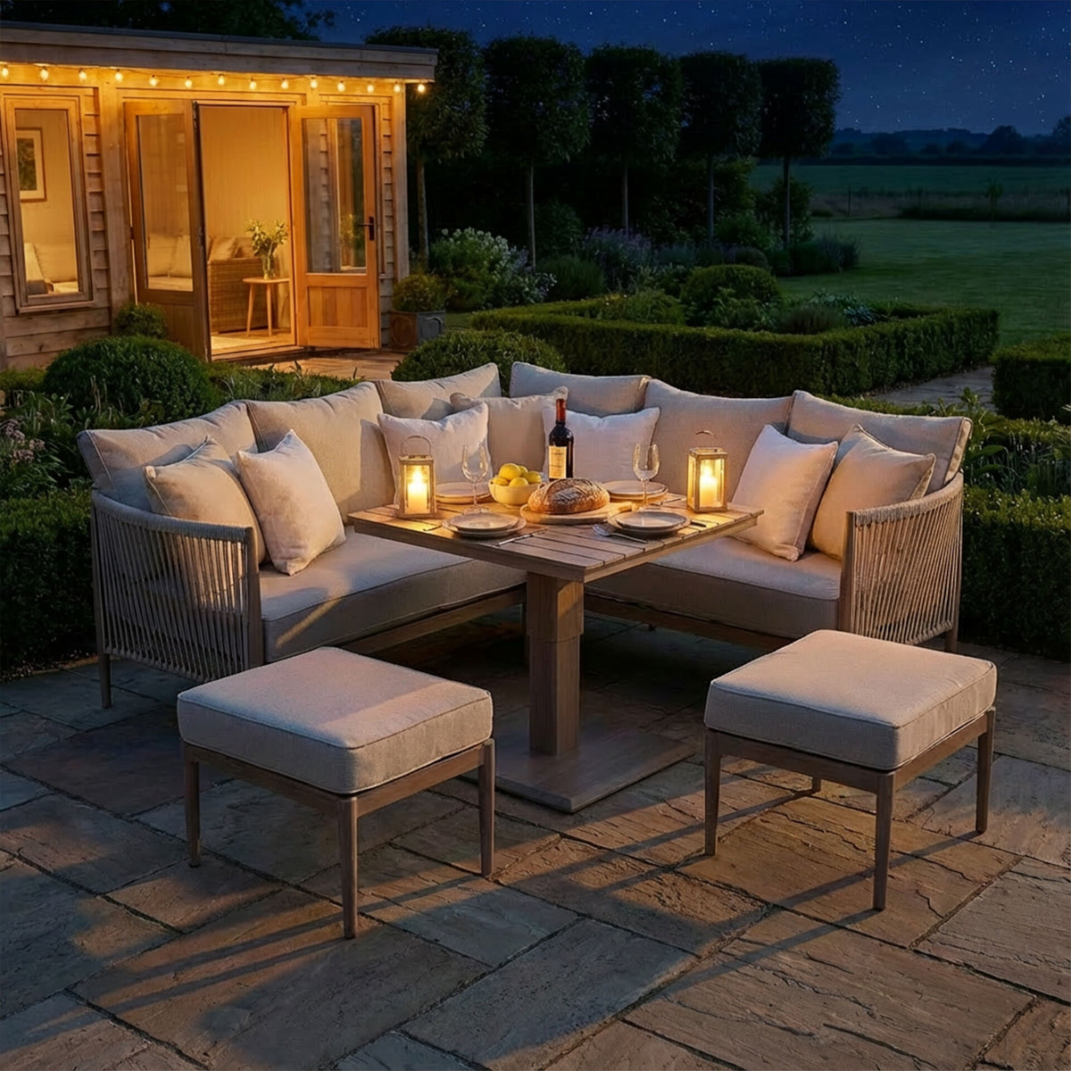Sardinia Small Corner Dining Set with Square Rising Table - Natural Linen