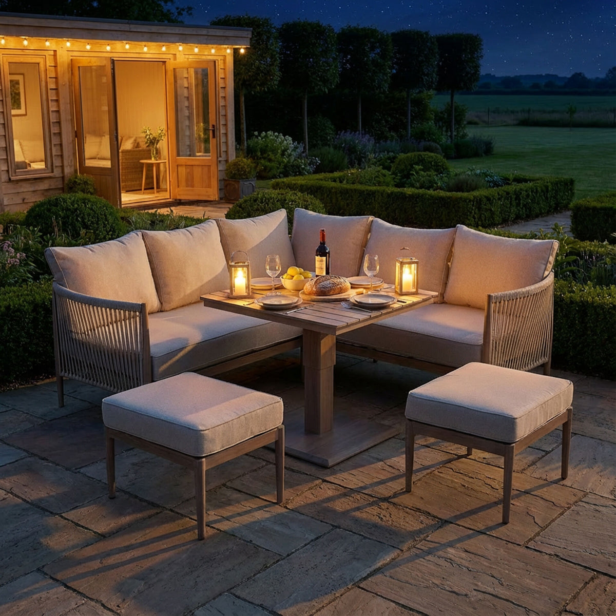 Sardinia Small Corner Dining Set with Square Rising Table - Natural Linen