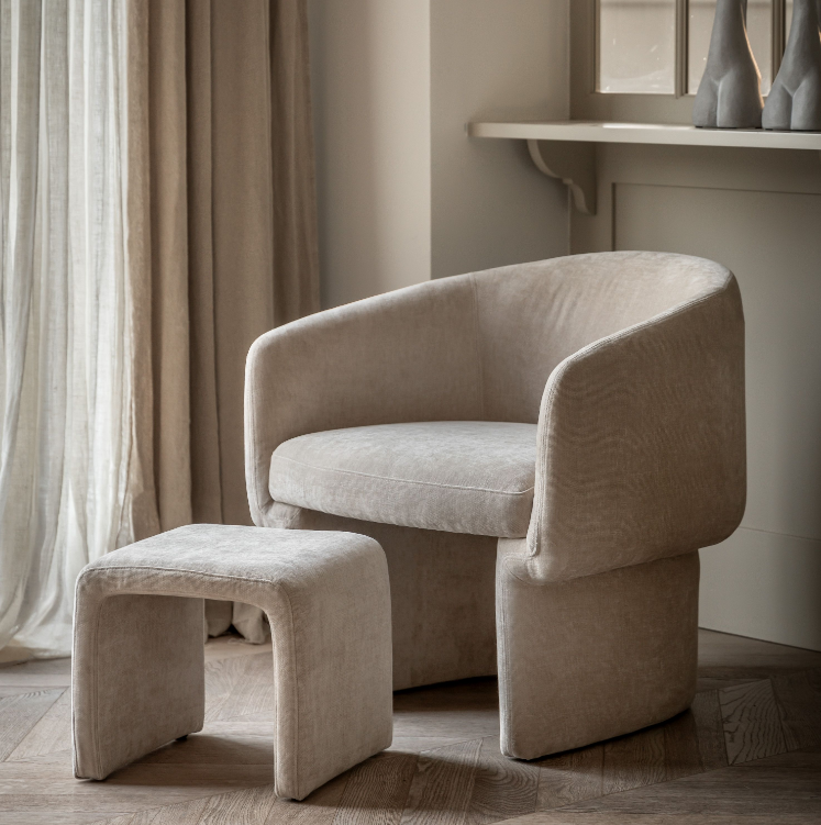 Arno Curved Armchair with Nest Footstool in Cream