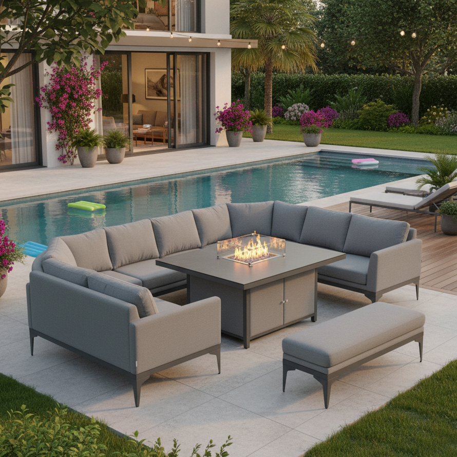 Sergio Outdoor U Shaped Furniture Set with Fire Pit Table - Waterproof Fabric