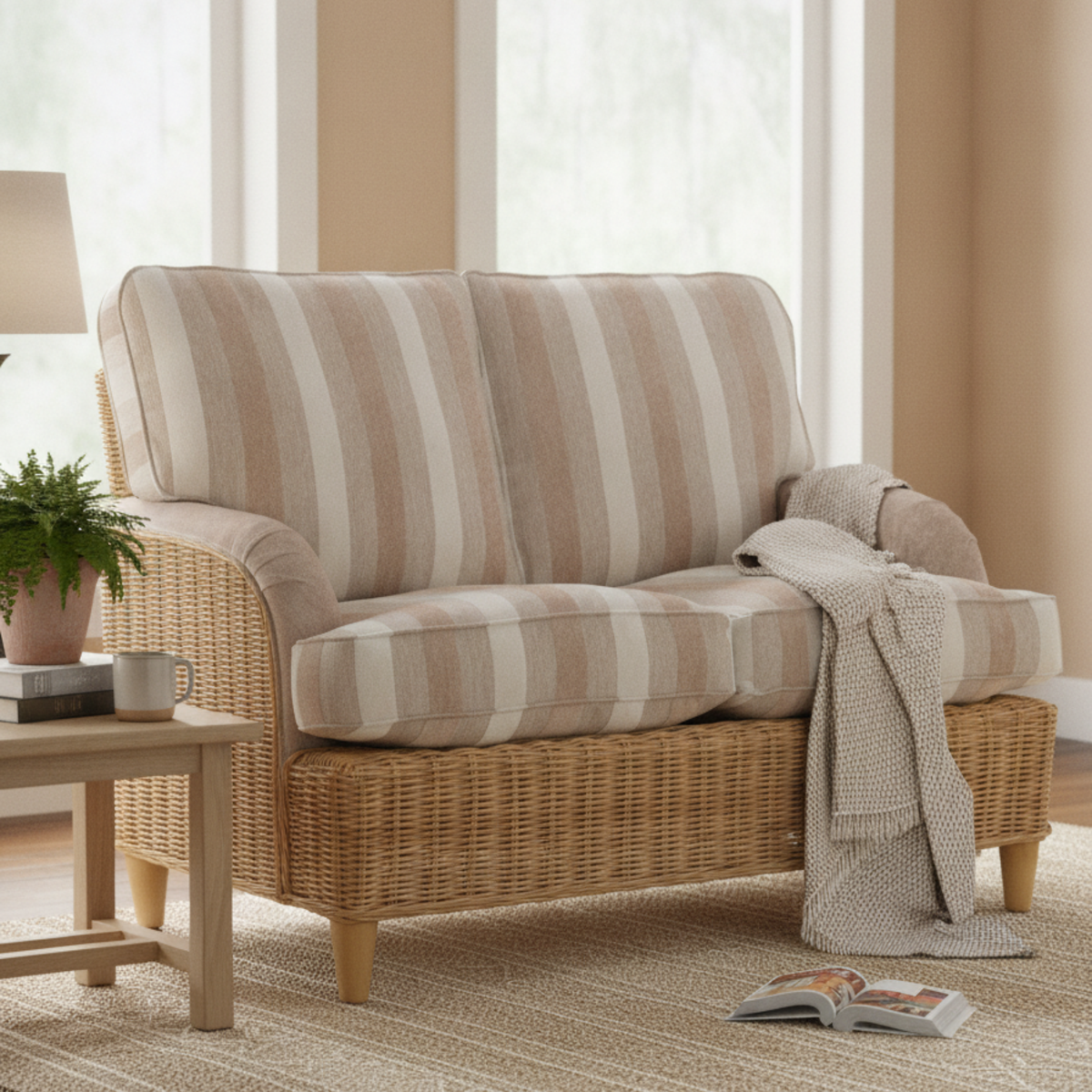 Seville Light Oak 2 Seater Sofa in Duke Beige Stripe