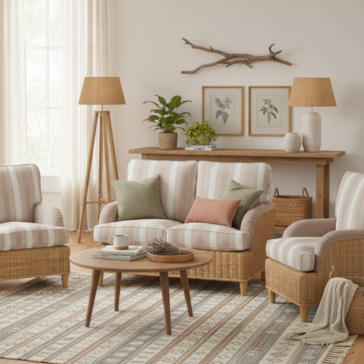 Seville Light Oak 2 Seater 3pc Suite in Duke Beige Stripe