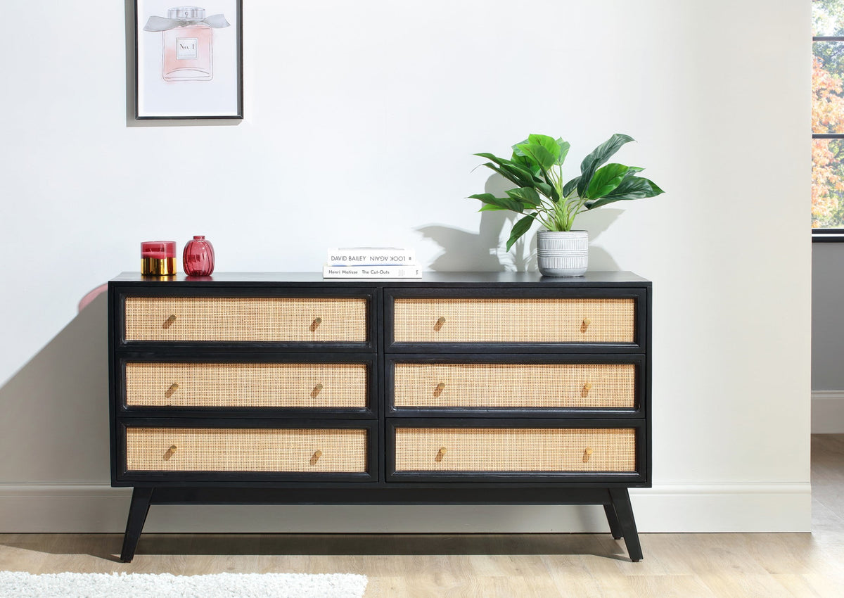 rattan mango wood six draw chest black web