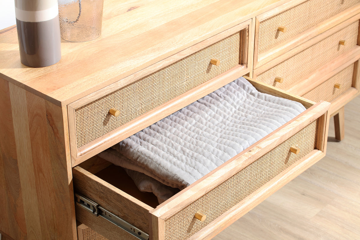 Venice Wide 6 Drawer Chest Unit Rattan & Mango Wood in Natural
