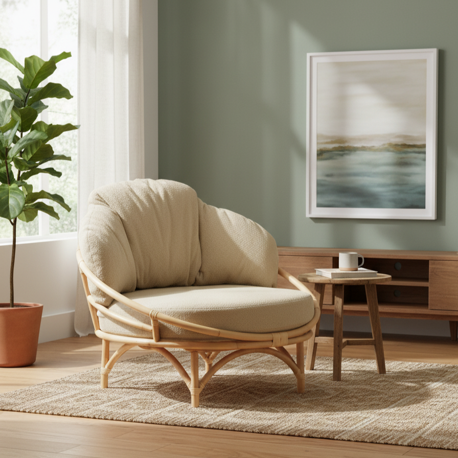 Snug Rattan Cuddle Chair in Bouclé Vanilla