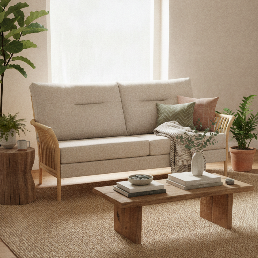 Solo Natural Cane 3 Seater Sofa in Roma Rose