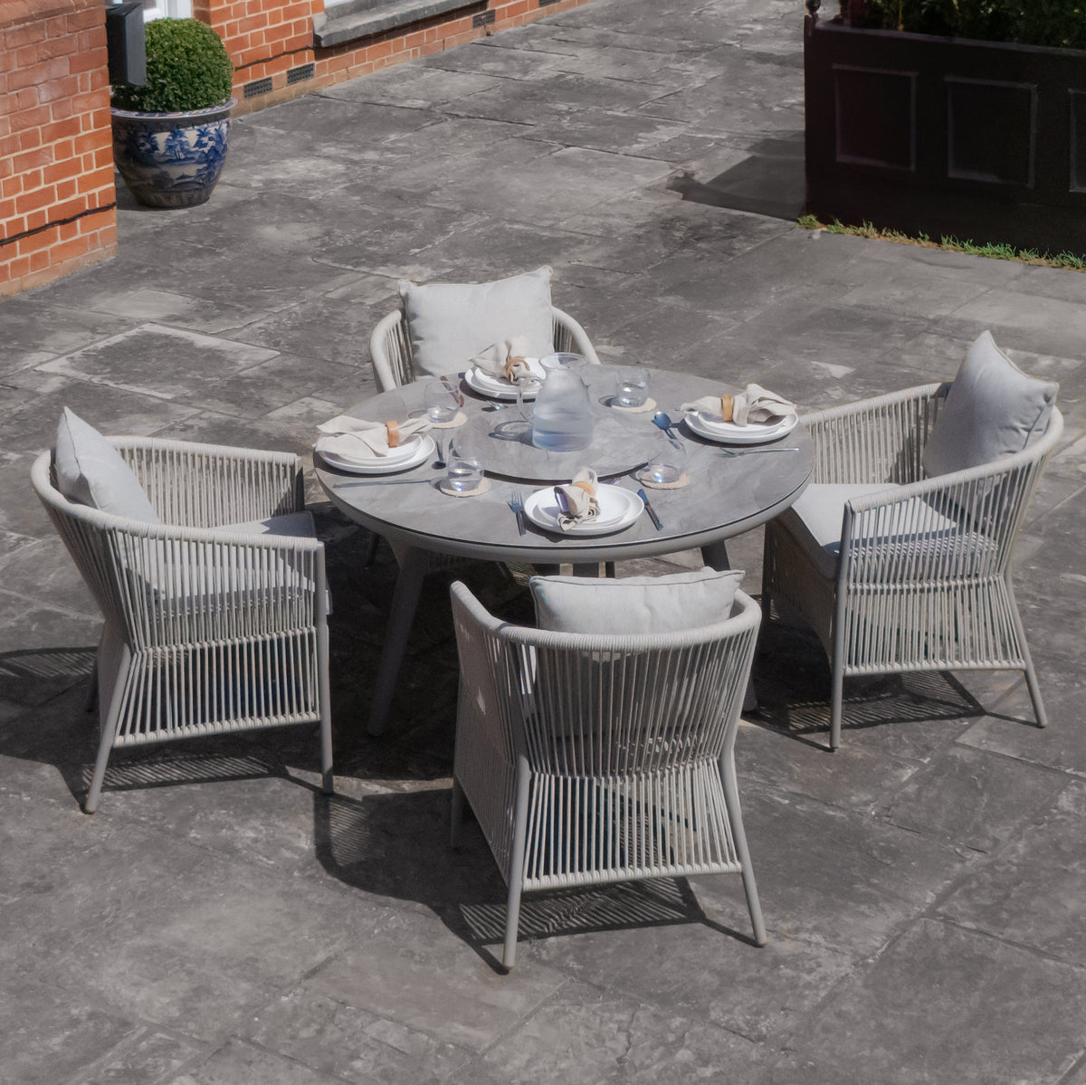 Sunita 4 Seat Round Dining Set With Lazy Susan - Cool Linen
