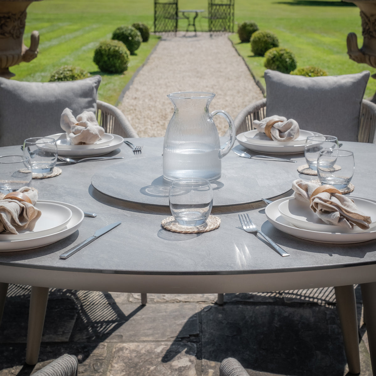 Sunita 6 Seat Oval Dining Set With Lazy Susan - Cool Linen