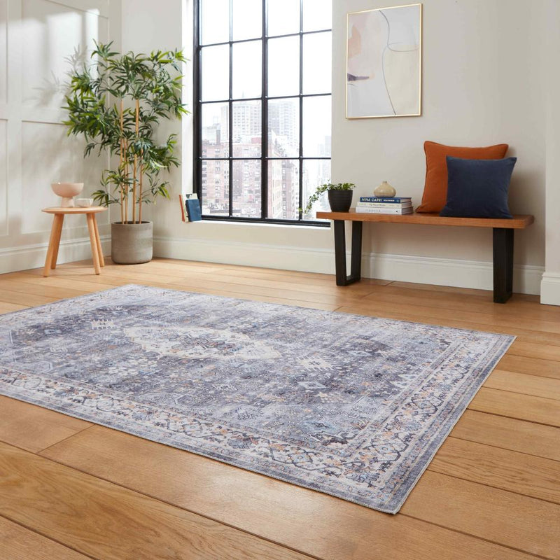 baku washable flat rug in blue 2 sizes available