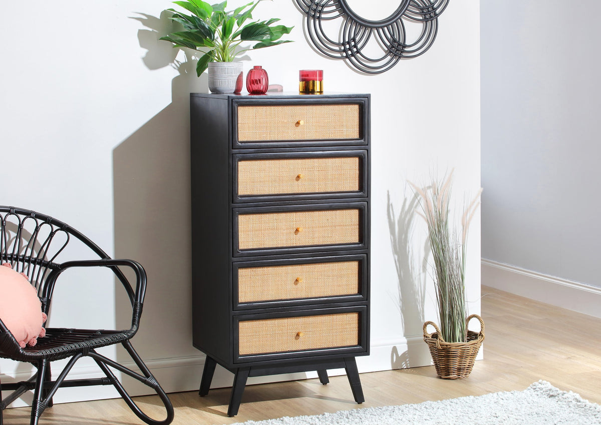 rattan mango wood tall five drawer chest black