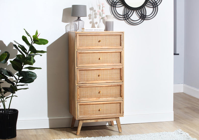 Rattan mango wood tall five drawer chest natural