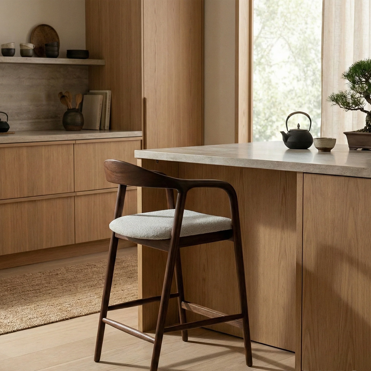 Tressa Walnut Bar Stool with Oatmeal Boucle Upholstery