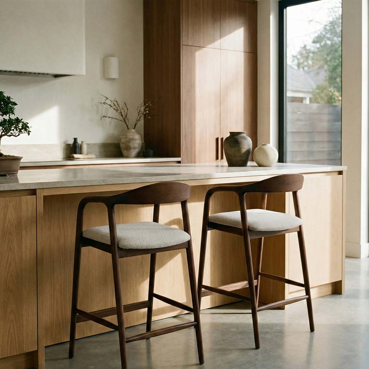 Tressa Walnut Bar Stool with Oatmeal Boucle Upholstery